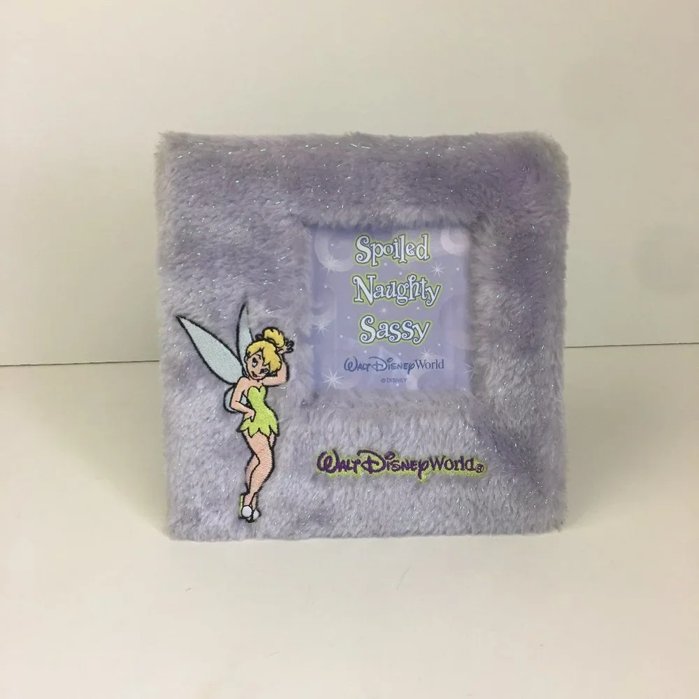 Disney World Tinkerbell Embroidered on Purple Sparkle Faux Fur‎ Square Pic Frame
